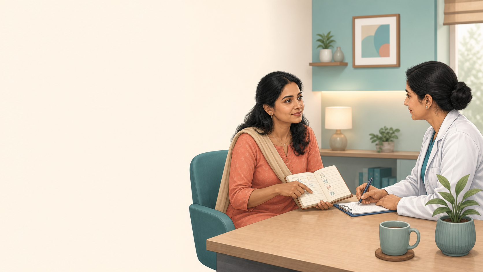Vestibular migraine consultation: patient discussing a symptom diary with a clinician