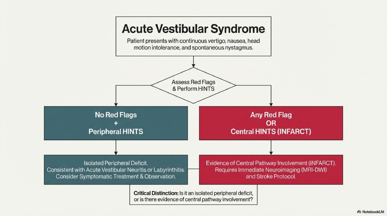 Clinical diagram on acute vertigo workup — using the HINTS exam to distinguish central from peripheral causes in the emergency setting