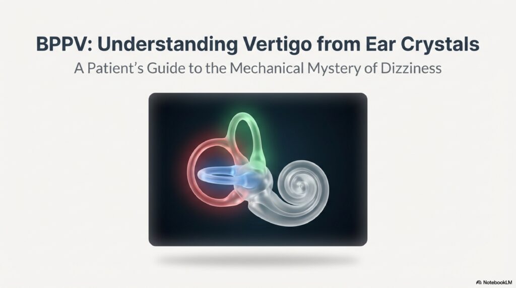 Title card for the BPPV patient education series: 'Understanding Vertigo from Ear Crystals — A Patient's Guide to the Mechanical Mystery of Dizziness' by Dr. Prateek Porwal