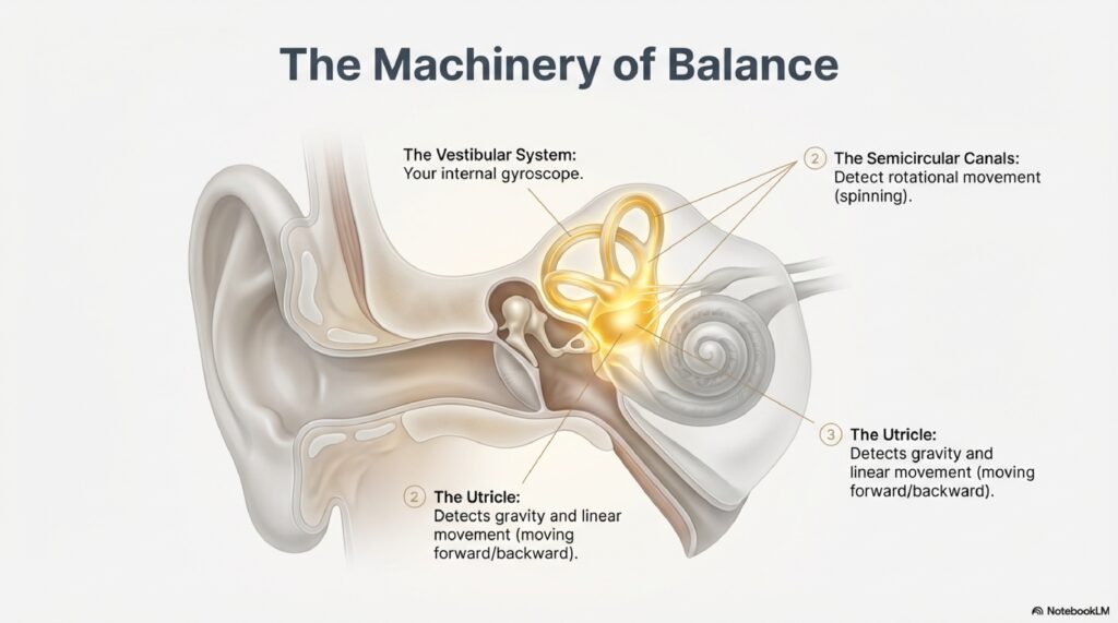 Diagram of the three semicircular canals of the inner ear — posterior, anterior, and lateral — showing the structures affected in BPPV
