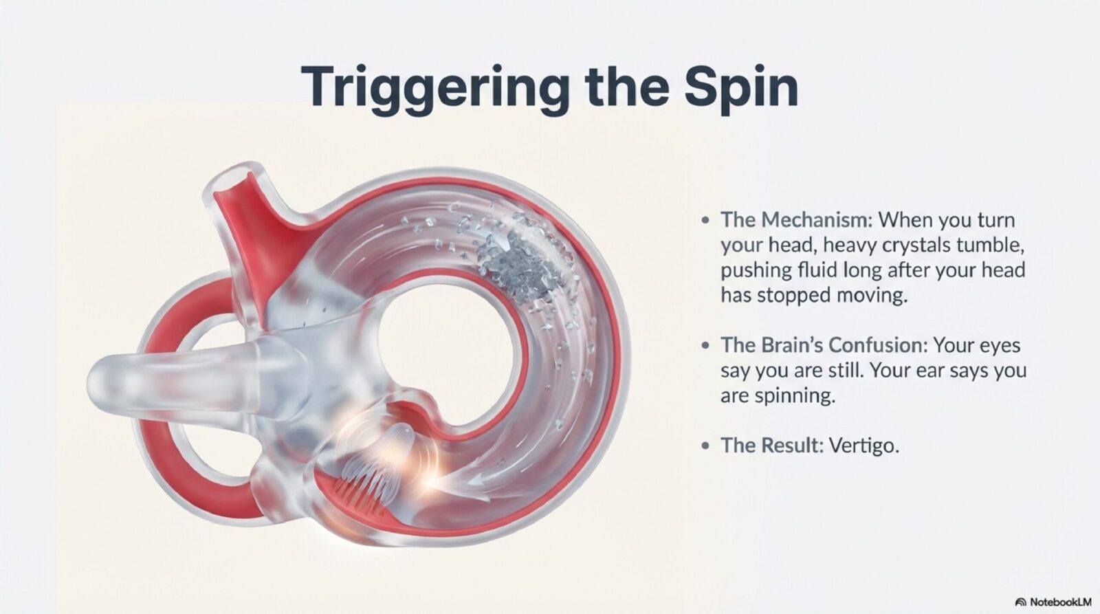 Diagram explaining the mechanism of BPPV — how displaced otoconia moving inside a semicircular canal trigger abnormal fluid movement and vertigo