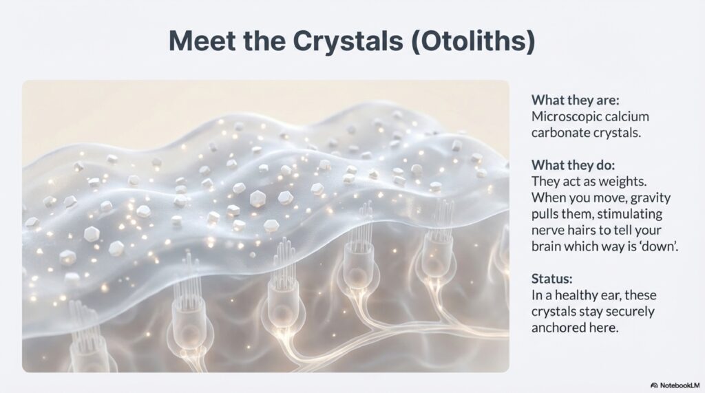 Dix-Hallpike Test Diagram showing calcium carbonate otoconia (otolith crystals) inside the utricle of the inner ear — the crystals that cause BPPV when displaced