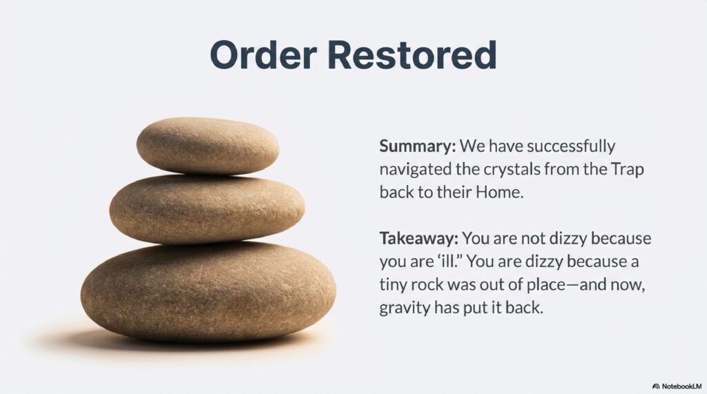Diagram showing the inner ear after successful BPPV treatment — otoconia returned to the utricle, semicircular canals clear of crystals