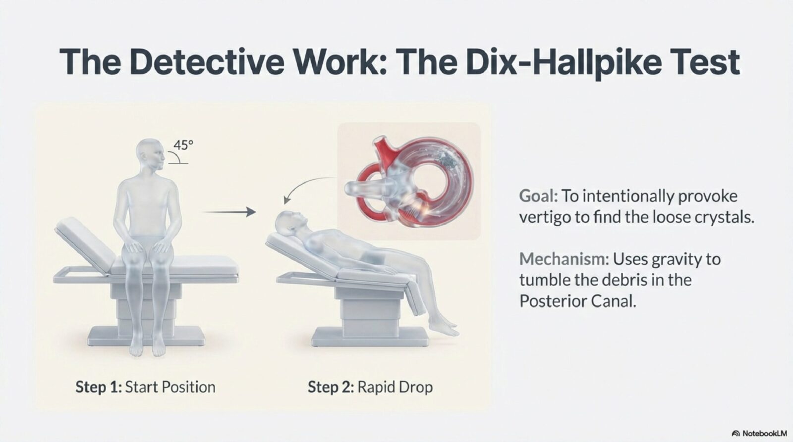 Room spinning when lying down — Dix-Hallpike positional test diagram showing how BPPV is diagnosed, by Dr. Prateek Porwal