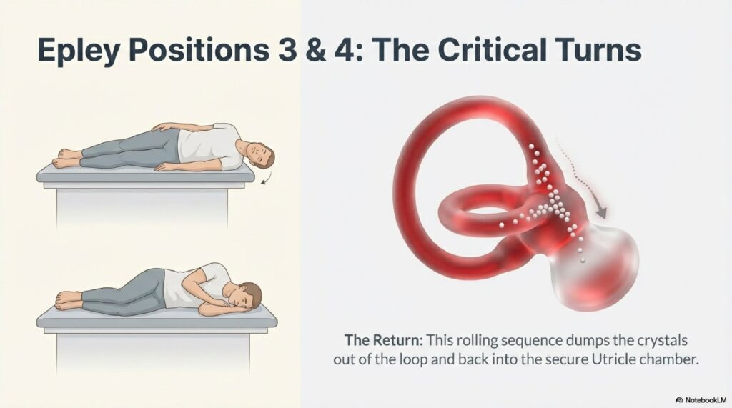 Diagram showing steps 3 and 4 of the Epley's maneuver for treating right posterior canal BPPV — BPPV Basics series by Dr. Prateek Porwal