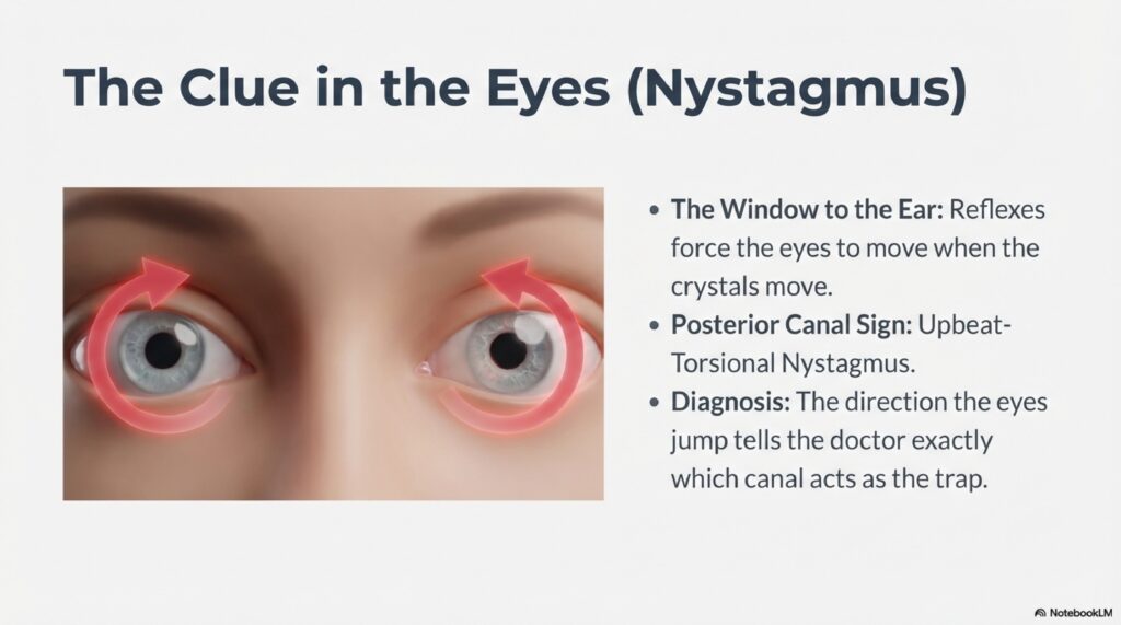 Diagram showing torsional upbeating nystagmus pattern seen during Dix-Hallpike test in posterior canal BPPV — BPPV Basics series by Dr. Prateek Porwal