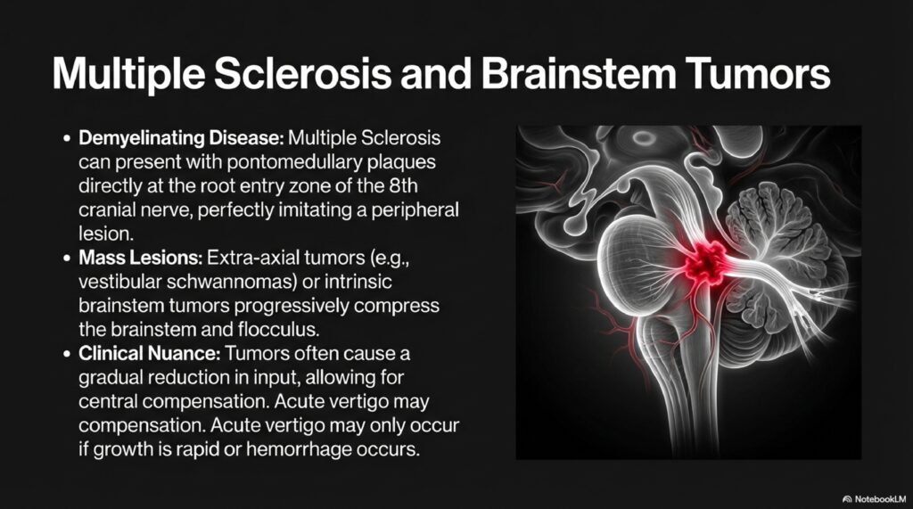 Diagram showing central brainstem causes of vertigo — multiple sclerosis plaques, brainstem tumours, and posterior fossa mass lesions and their clinical features