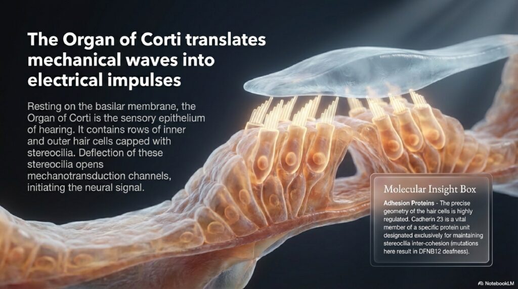 Diagram of the cochlea showing the Organ of Corti, basilar membrane, and endolymphatic spaces relevant to Meniere's disease pathology