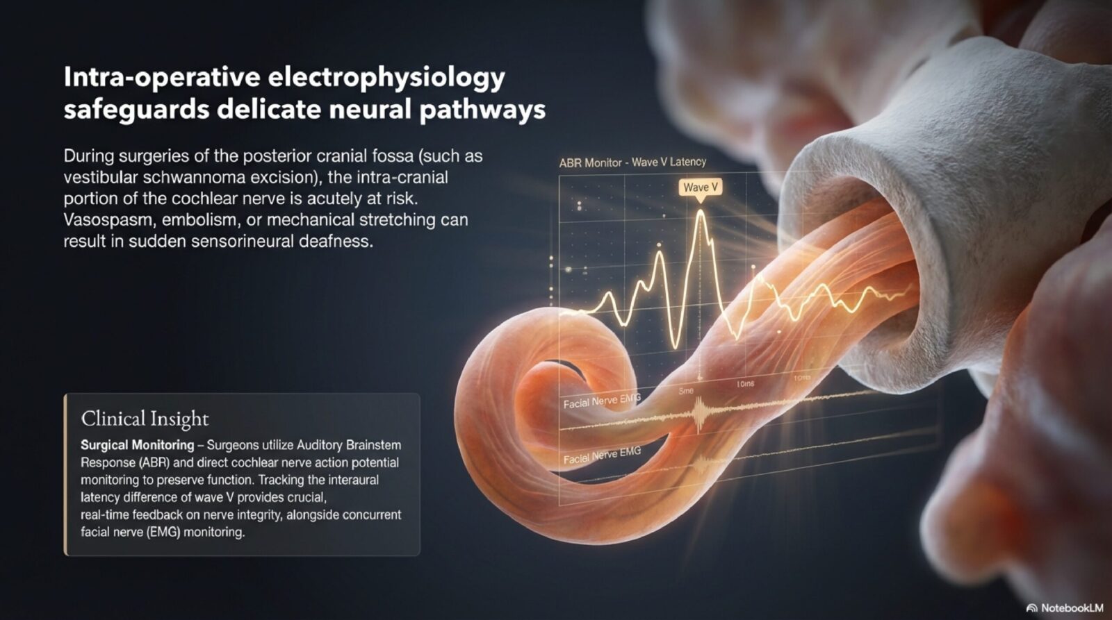 Educational diagram explaining how vestibular nerve function is tested — caloric testing, vHIT, and electrophysiological assessments of inner ear nerve integrity