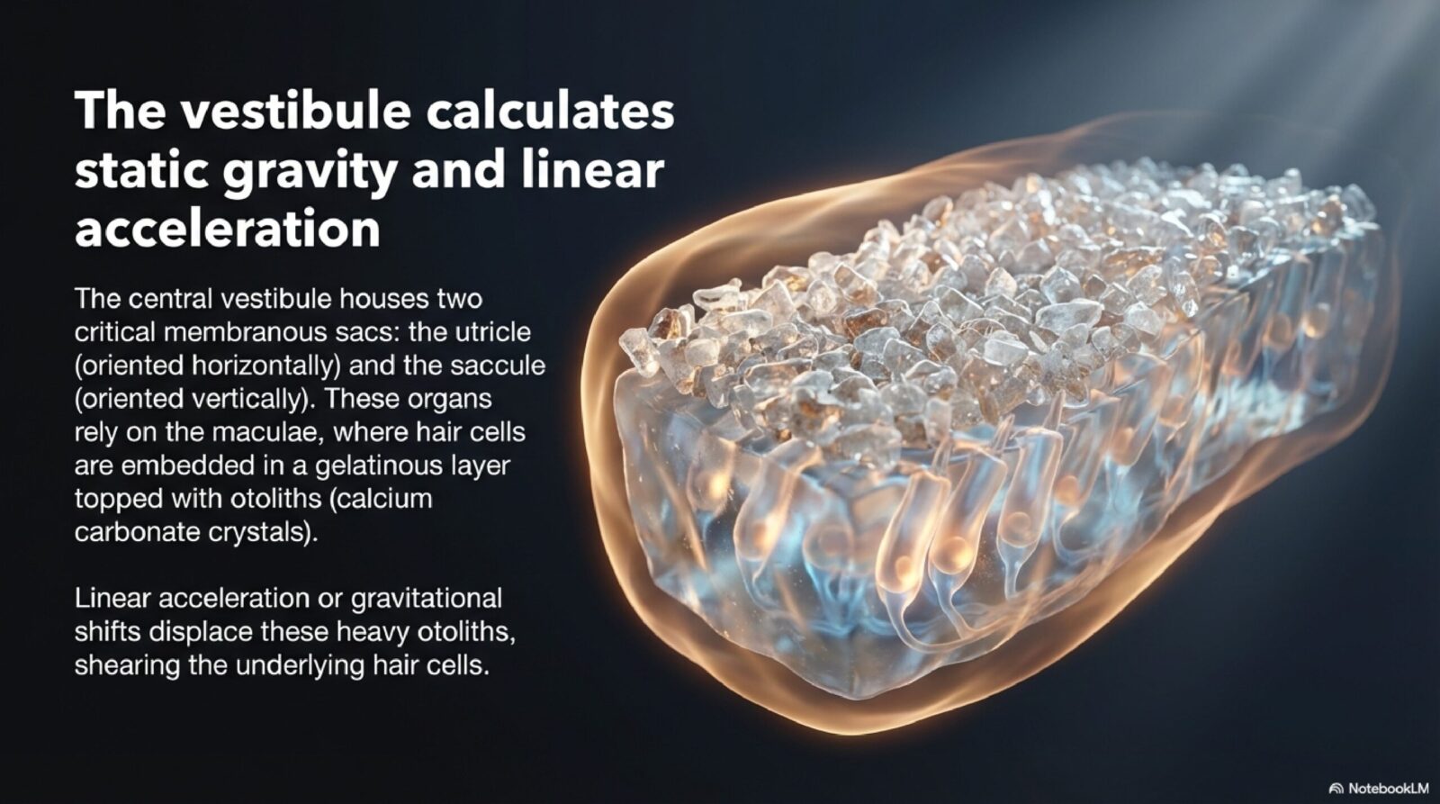 Diagram showing the saccule, utricle, and otolith crystal layer (otoconia) within the vestibule of the inner ear — source of BPPV crystals