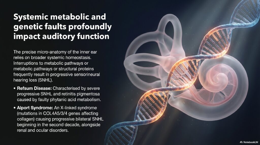 Educational diagram on the genetic basis of inner ear disorders including hereditary Meniere's disease and familial sensorineural hearing loss