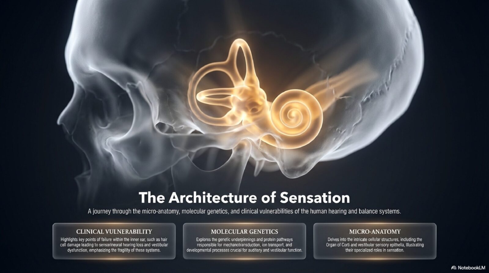 Title slide for 'The Architecture of Sensation' series — a detailed inner ear anatomy and vestibular science education series by Dr. Prateek Porwal