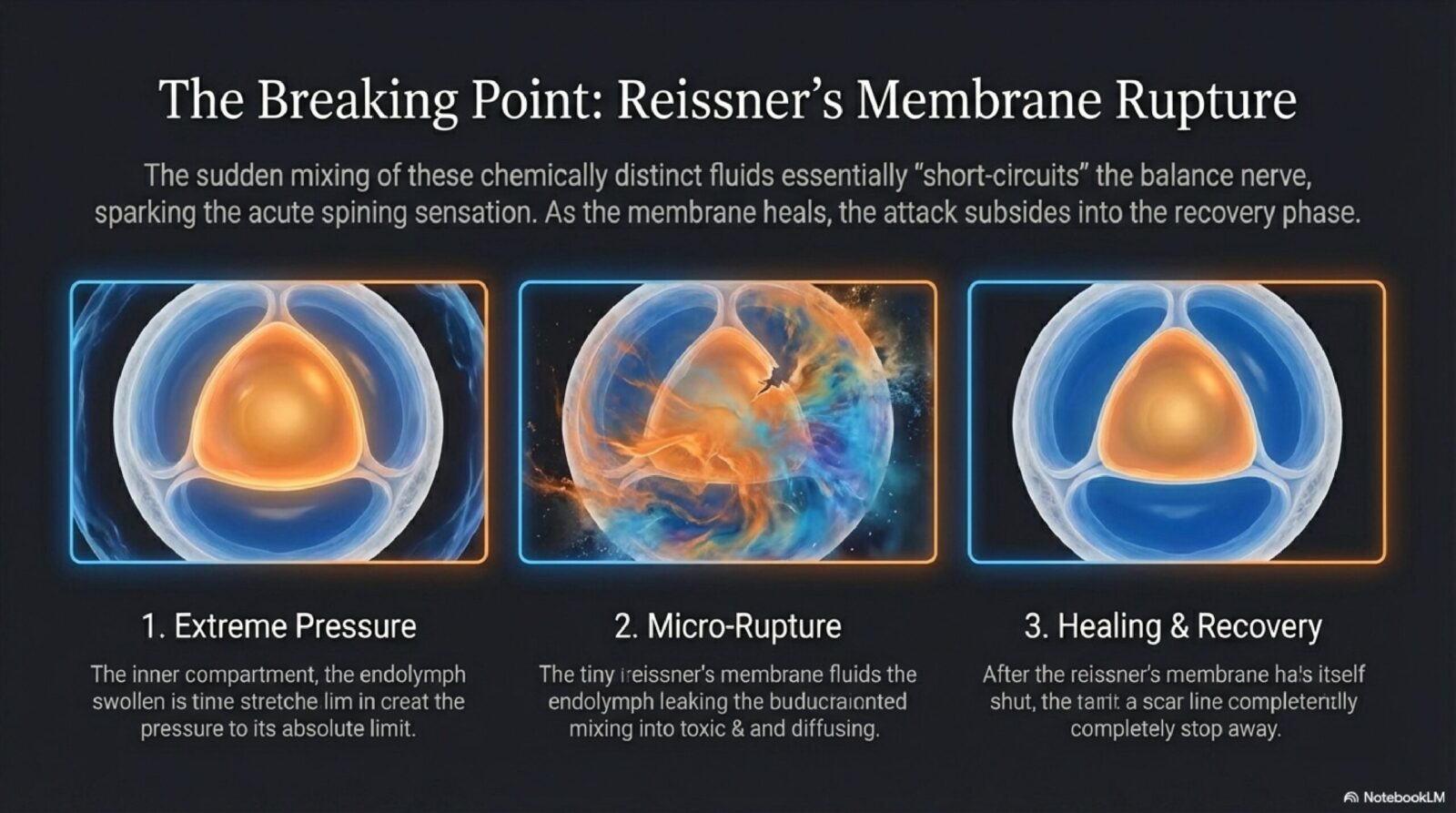 Pathophysiology diagram showing why Meniere's disease attacks occur — endolymphatic pressure buildup, membrane rupture, and potassium flooding of the perilymph