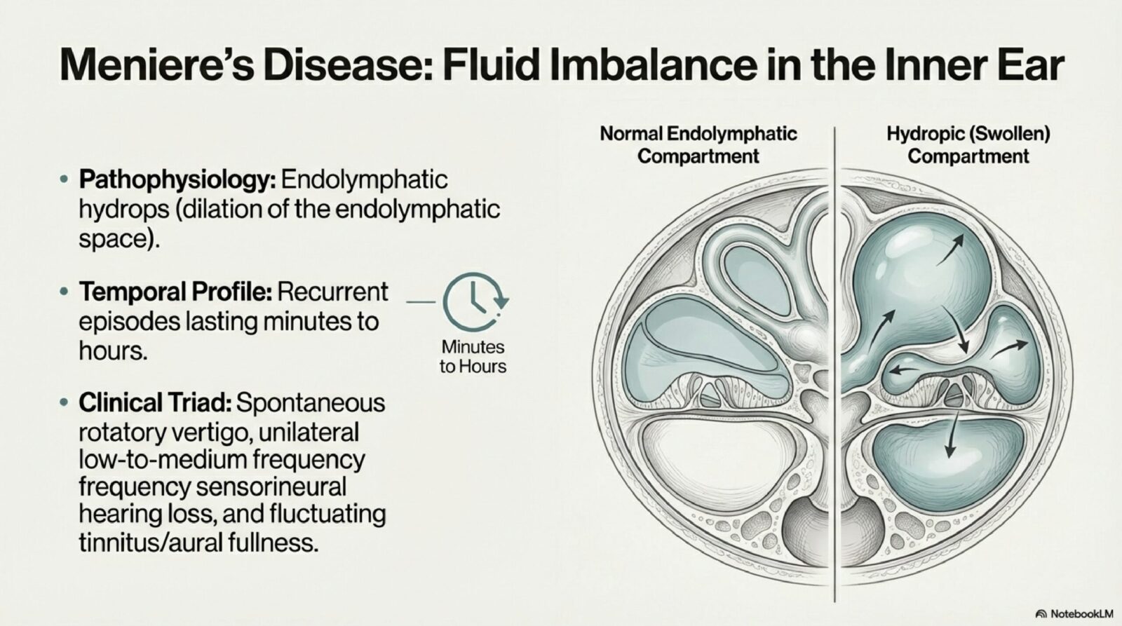 Diagram distinguishing Meniere's disease vertigo from BPPV and vestibular neuritis based on duration, hearing loss, and tinnitus