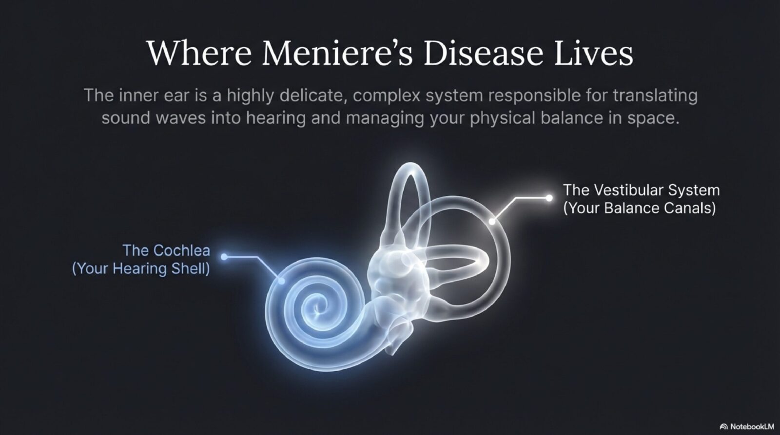 Diagram of inner ear anatomy in Meniere's disease showing endolymphatic hydrops — abnormal distension of the endolymphatic space in the cochlea and labyrinth