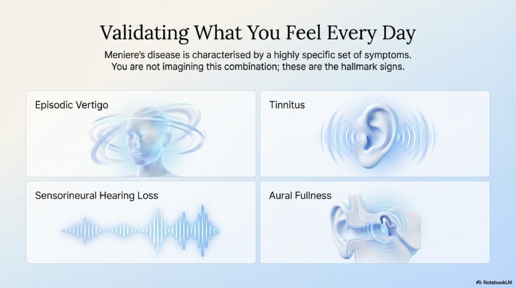 Diagram showing the four classic symptoms of Meniere's disease: episodic vertigo, fluctuating hearing loss, tinnitus, and aural fullness