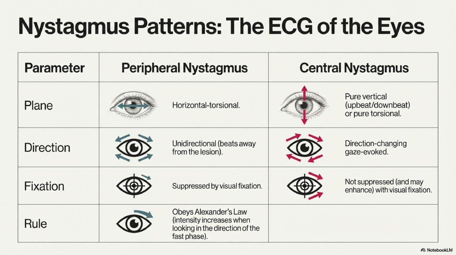 Comparison diagram of nystagmus patterns in central vs peripheral vertigo — direction-changing vs unidirectional, suppressed vs unsuppressed by fixation