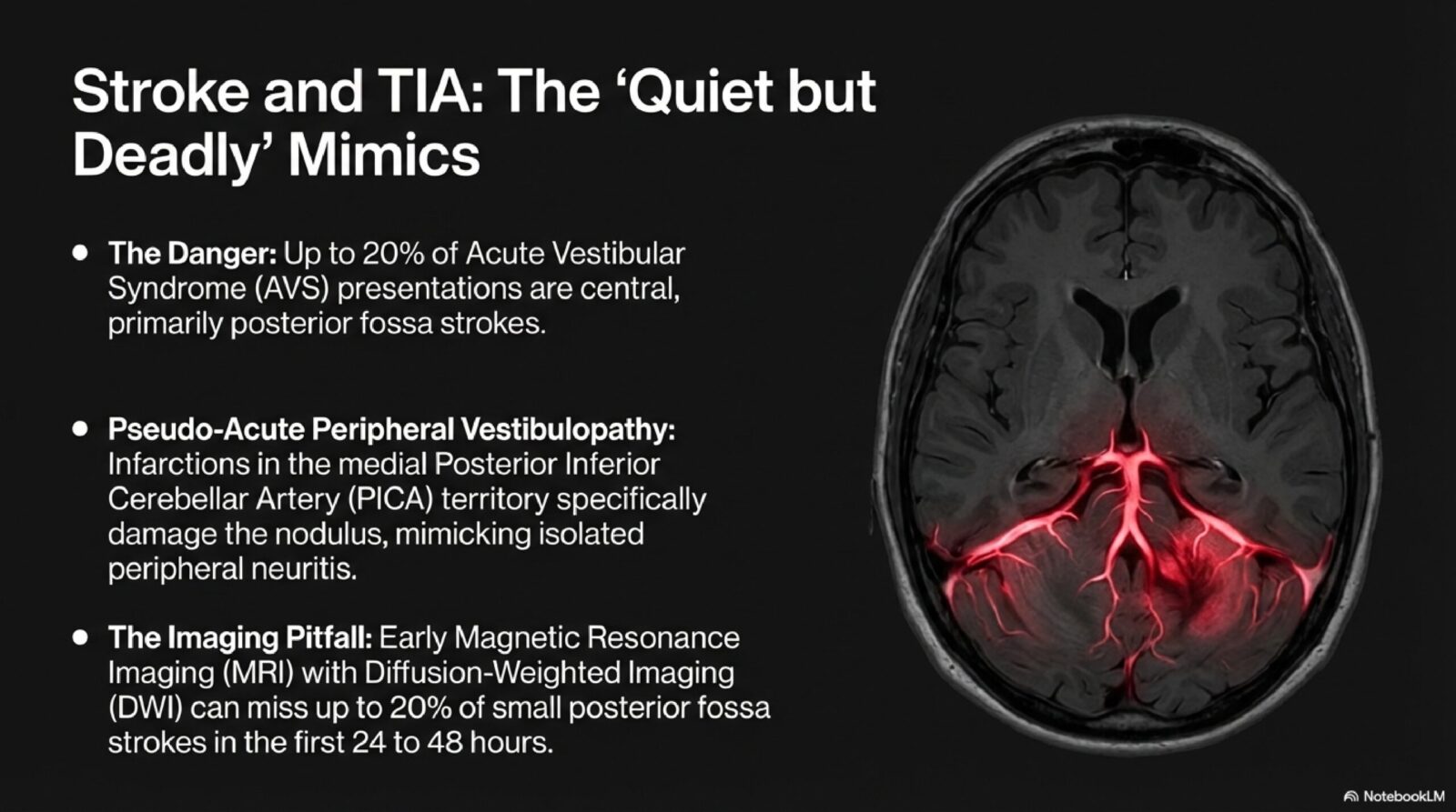 Educational diagram on stroke and TIA as life-threatening causes of acute vertigo — HINTS exam abnormalities and urgent imaging indications