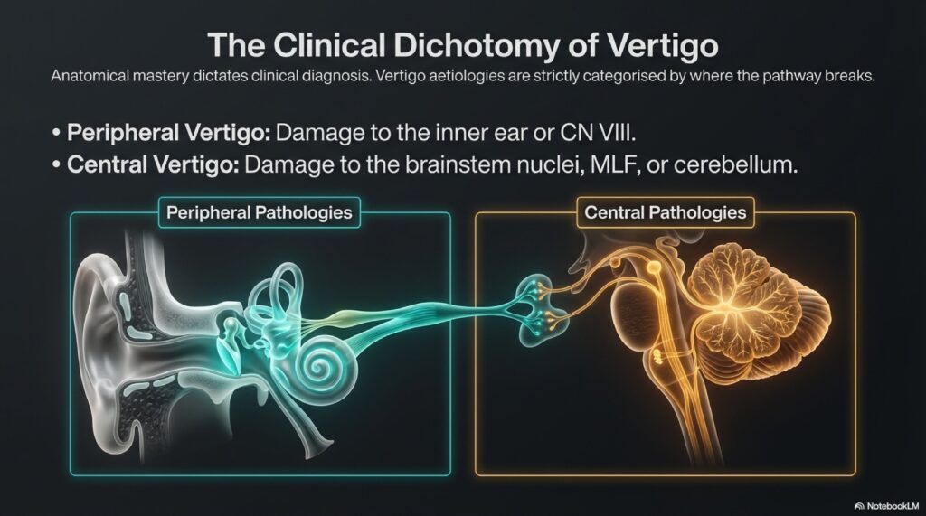 Diagram distinguishing central (brainstem and cerebellum) from peripheral (inner ear and vestibular nerve) structures in vertigo localisation