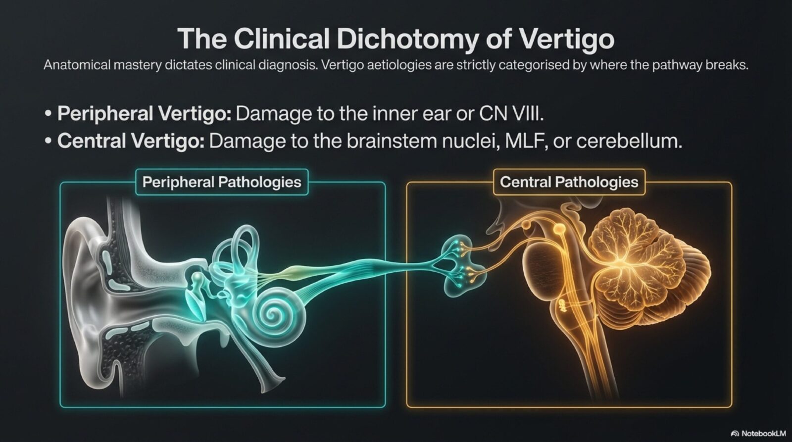 Diagram distinguishing central (brainstem and cerebellum) from peripheral (inner ear and vestibular nerve) structures in vertigo localisation