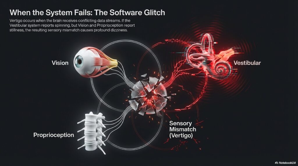 Drug induced vertigo Comprehensive diagram showing the complete vestibular pathway from inner ear semicircular canals to vestibular nuclei to cerebellum and spinal cord