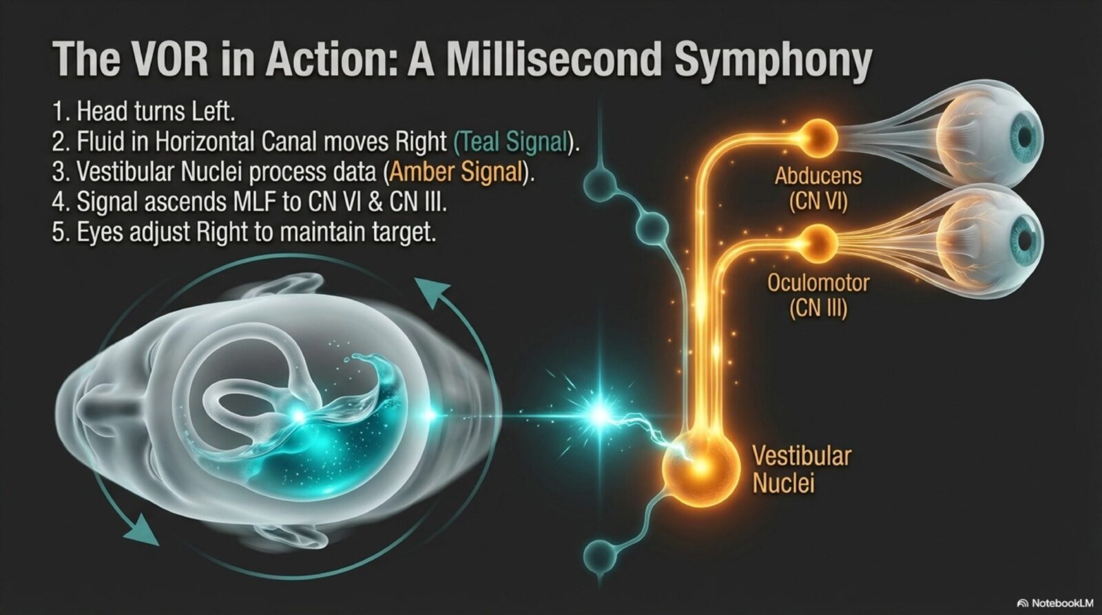 Diagram explaining the vestibulo-ocular reflex and the bedside Head Impulse Test (HIT) used to detec