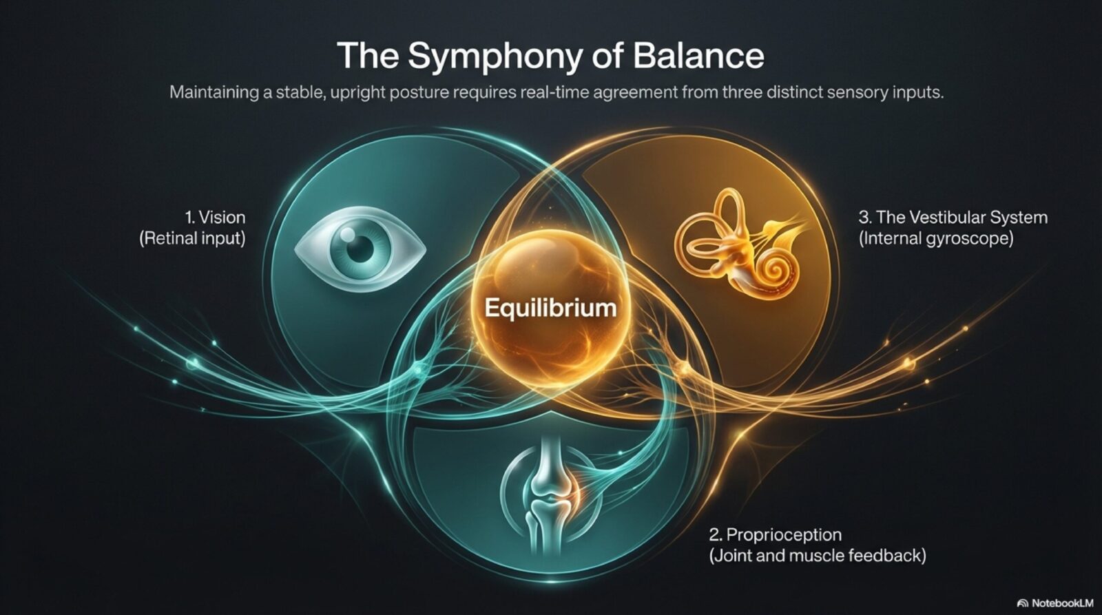 Diagram titled 'The Symphony of Balance' showing three sensory inputs — vision, vestibular system, and proprioception — converging for equilibrium
