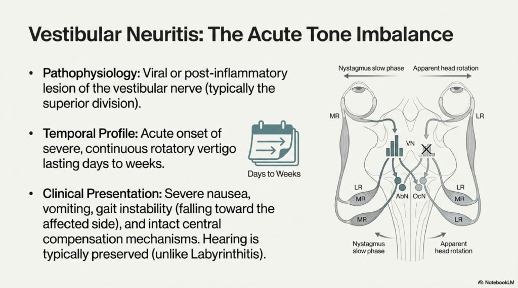 Diagram showing the nystagmus pattern in vestibular neuritis — unidirectional horizontal nystagmus beating away from the affected ear