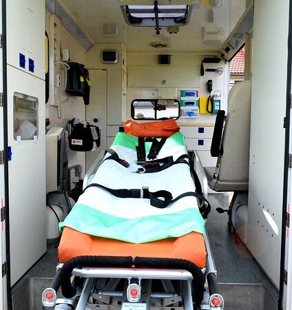 Interior of an ambulance with a stretcher and medical equipment — vertigo consultation delhi | Dr. Prateek Porwal, ENT
