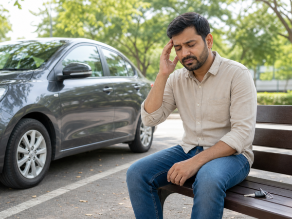 Person resting beside a parked car with the keys set aside because of dizziness.