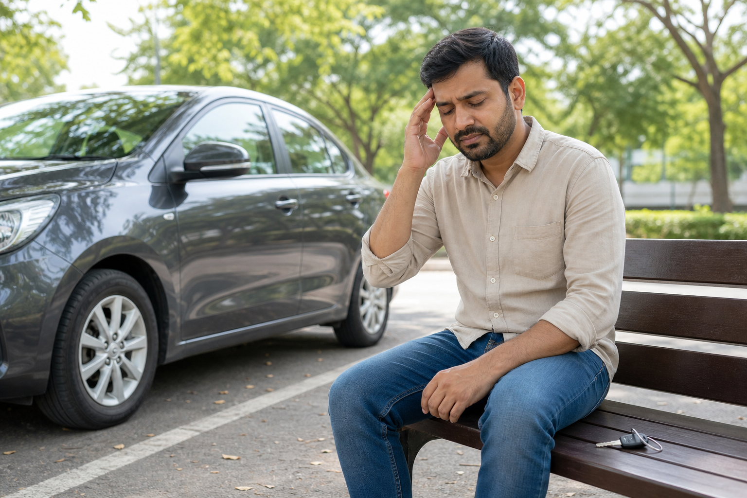 Person resting beside a parked car with the keys set aside because of dizziness.