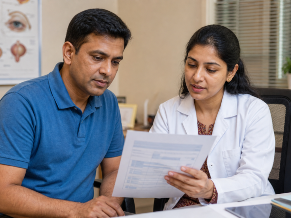 Patient and clinician reviewing an eye-movement examination report together.