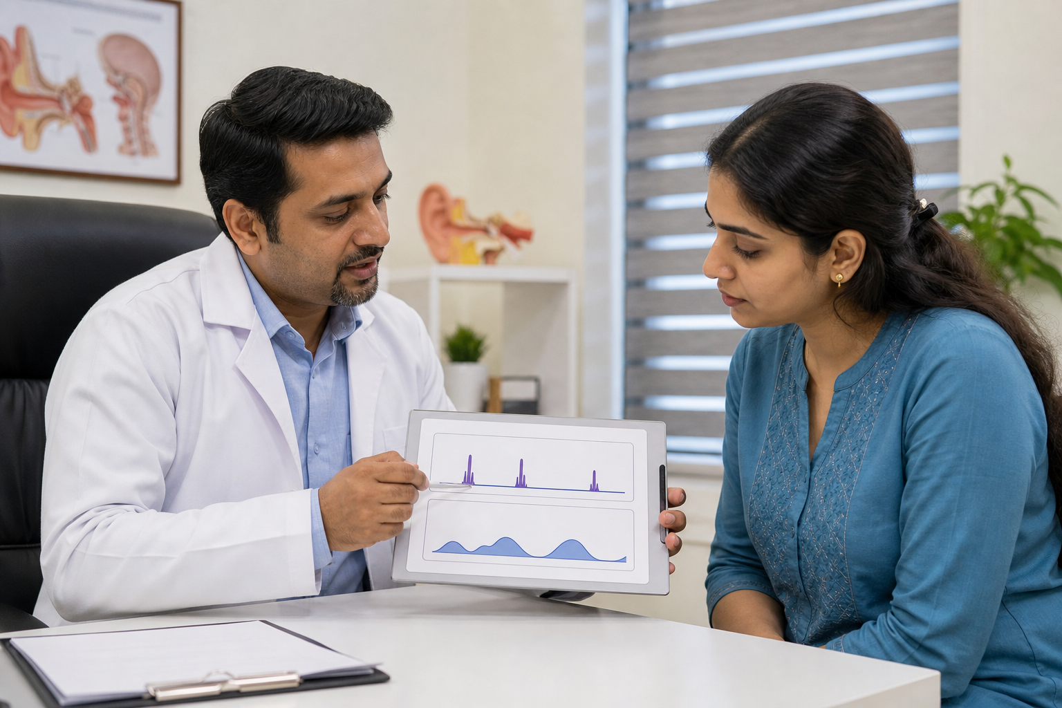 Clinician and patient comparing the timing and pattern of two dizziness histories.