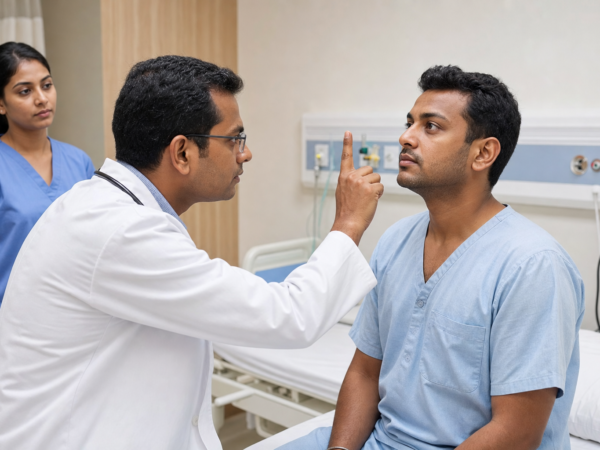 Clinician observing a patient’s eye movements during a supervised bedside examination.