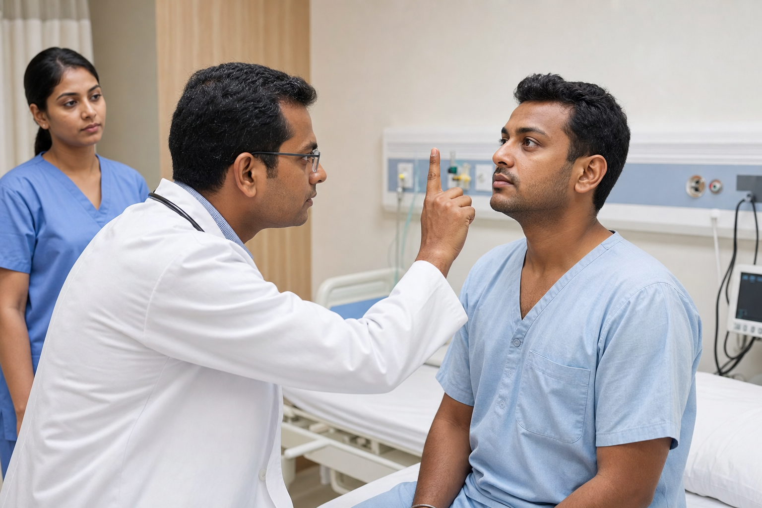 Clinician observing a patient’s eye movements during a supervised bedside examination.