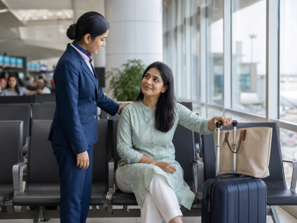 Traveller with luggage seated safely while receiving assistance at an airport.