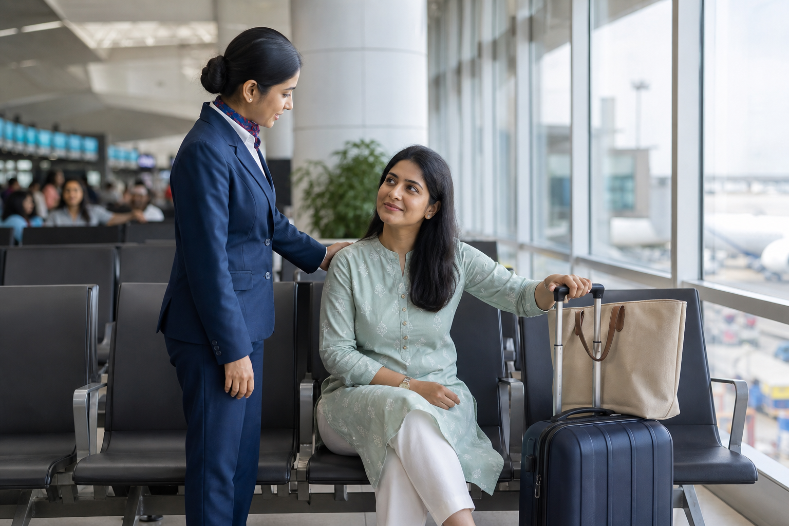 Traveller with luggage seated safely while receiving assistance at an airport.