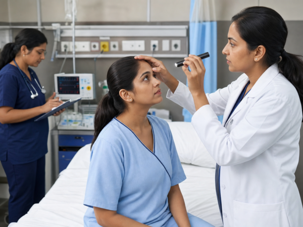 Clinical team assessing a patient with sudden continuous dizziness in a hospital setting.