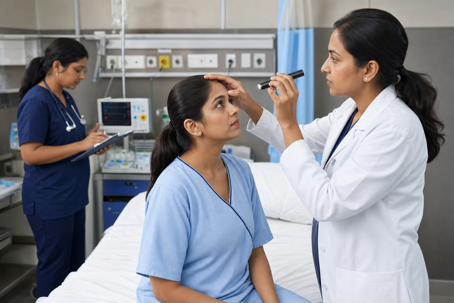 Clinical team assessing a patient with sudden continuous dizziness in a hospital setting.