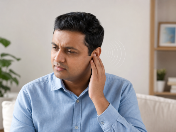 Adult noticing a ringing sensation in one ear.