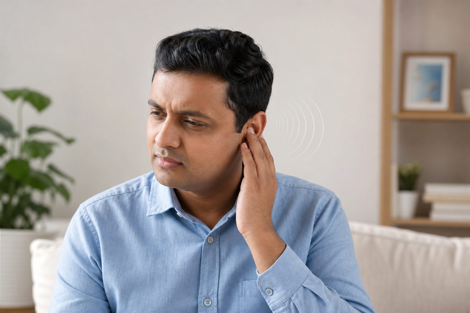 Adult noticing a ringing sensation in one ear.