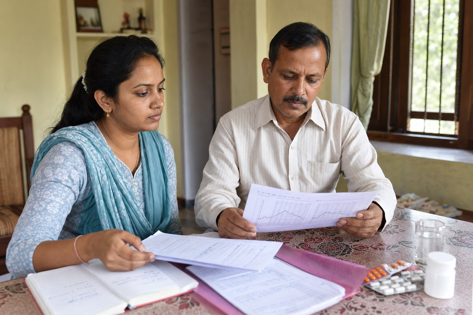 ENT specialist Sitapur report preparation with a patient and family member reviewing hearing records