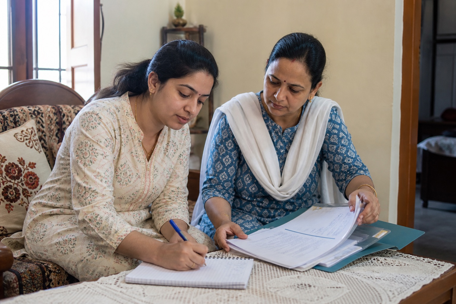 Auraiya patient and family member preparing a symptom diary and prior reports for an ENT consultation
