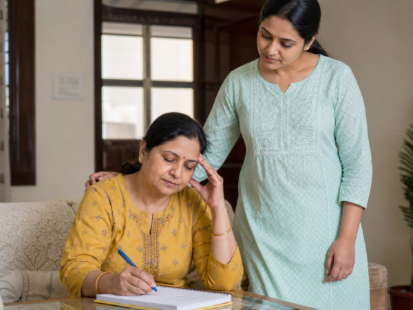 Vertigo care for Aligarh patients — woman recording dizziness symptoms with family support