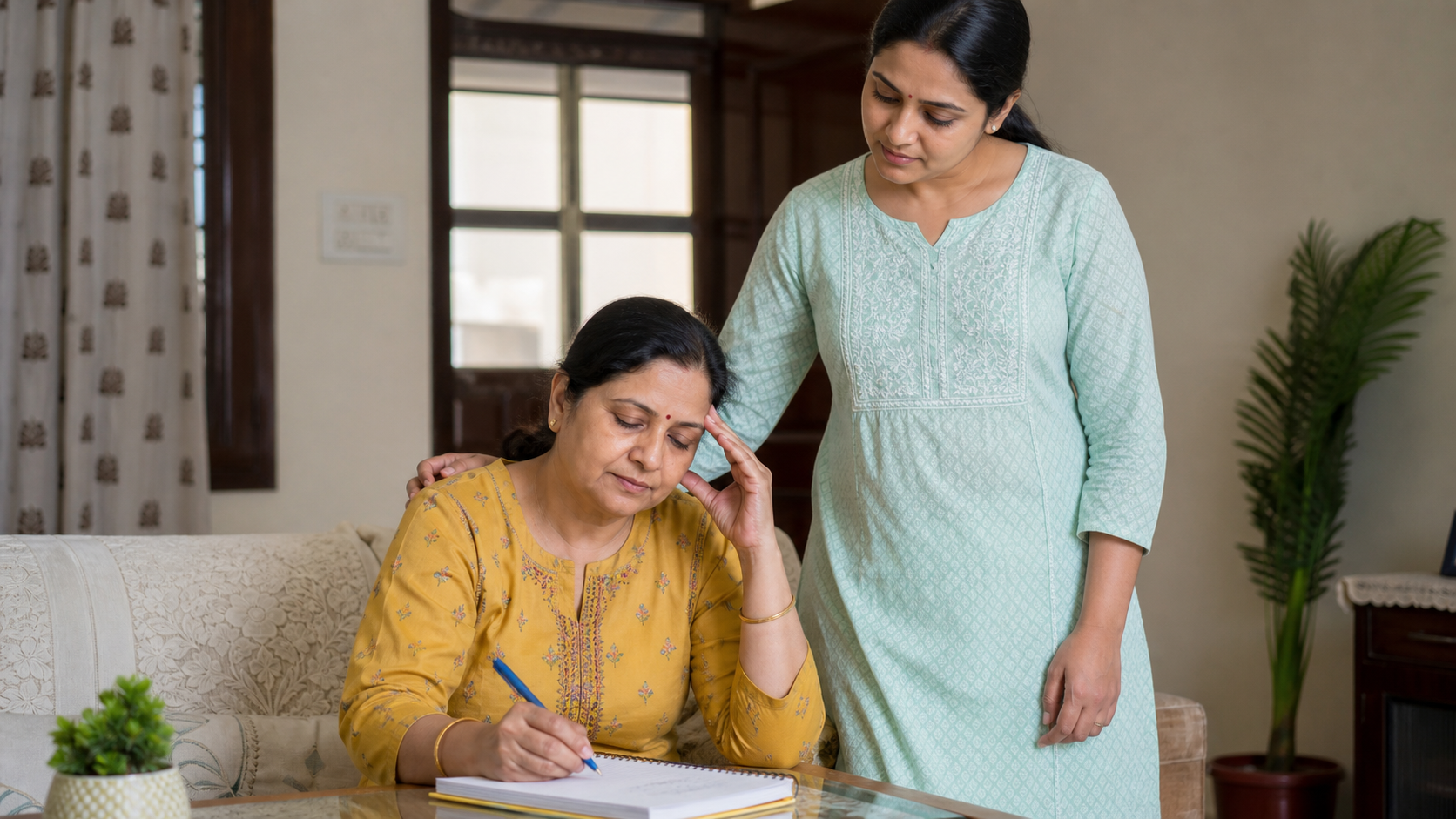 Vertigo care for Aligarh patients — woman recording dizziness symptoms with family support
