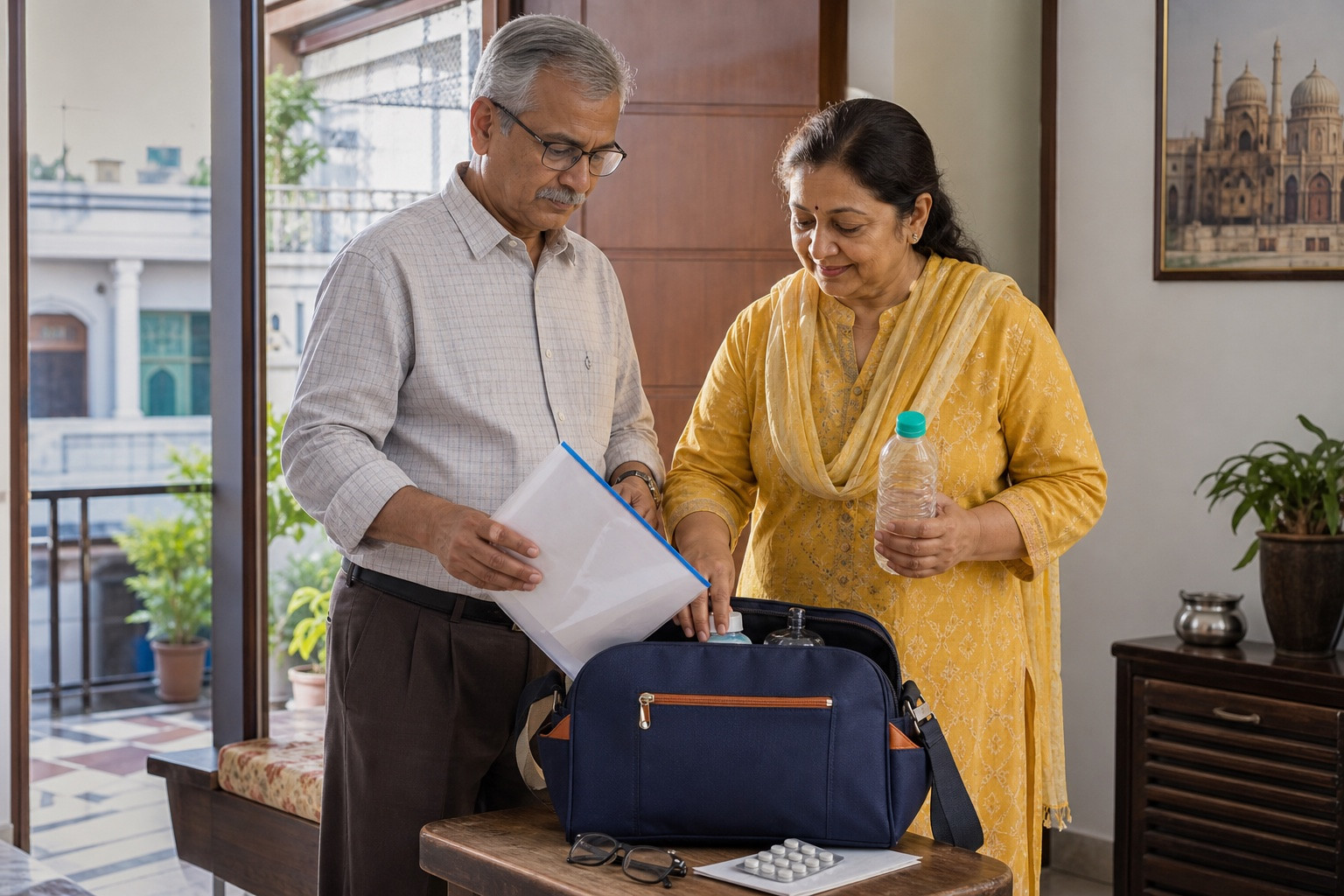 ENT doctor Lucknow nearby visit preparation with an older couple packing reports and a medicine list