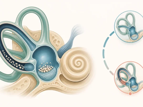 Inner ear diagram showing loose otoconia in a semicircular canal and a recurrence cycle