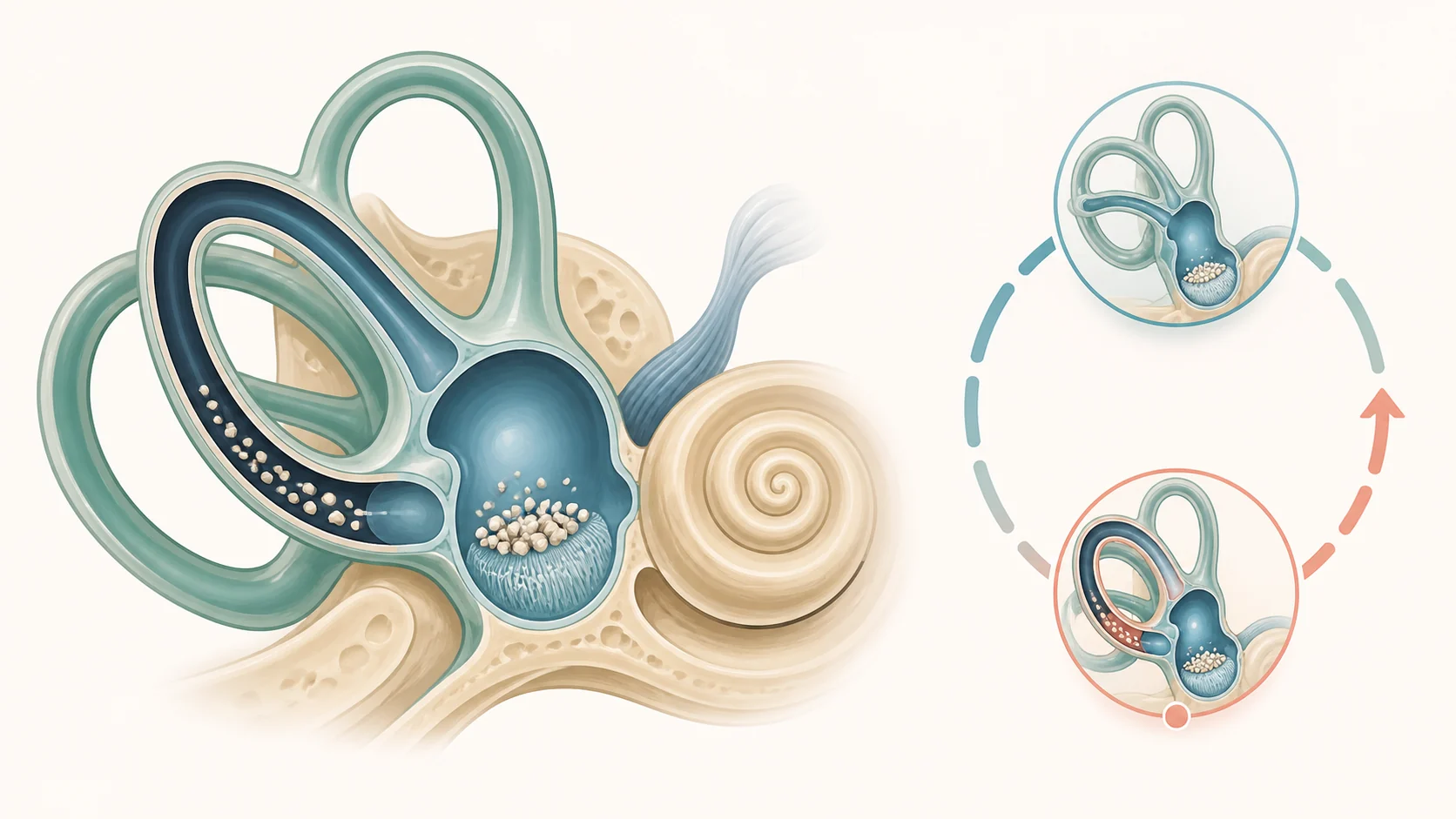 Inner ear diagram showing loose otoconia in a semicircular canal and a recurrence cycle