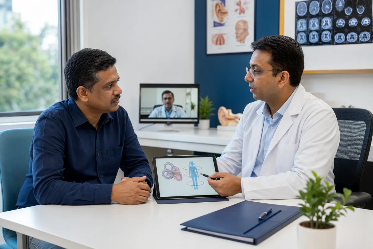 Indian patient discussing coordinated vertigo care with an ENT doctor