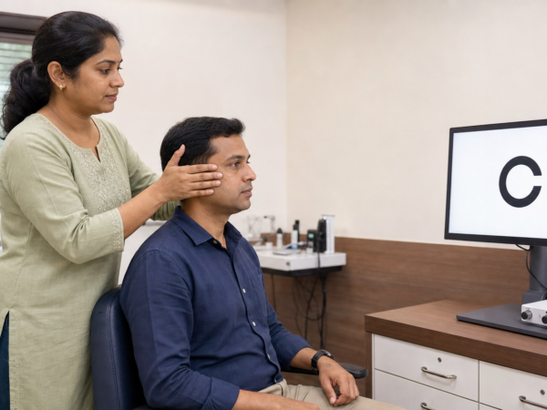 Functional head impulse test fHIT assessment with an Indian patient viewing a Landolt C